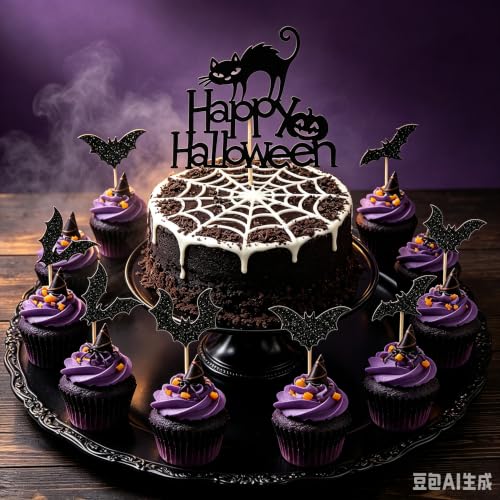 Halloween Cupcake Toppers Black Bat & Cat Style Set - 25 Pieces, Style-2