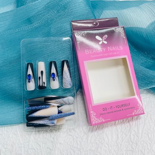 Halloween Long Square Fake Nails with Spider Web Glitter Design - 24pk - Blue