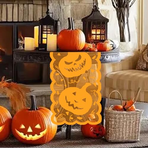 Halloween Lace Table Runner - Orange Jack-o'-Lantern Centerpiece Decor, 72 Inch