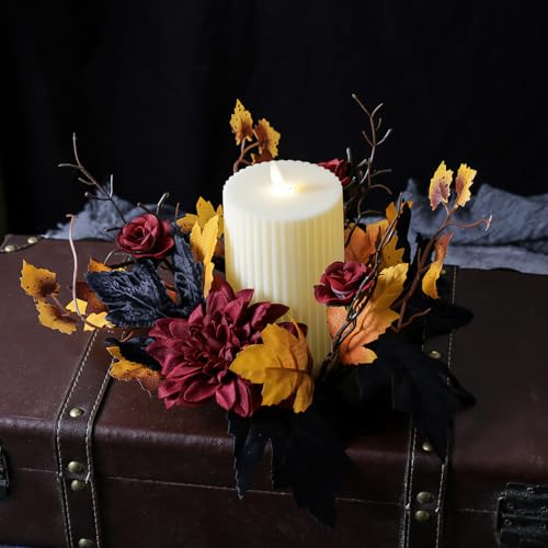 Halloween Candle Ring with Red Flowers and Maple Leaves - Fall Centerpiece Decor