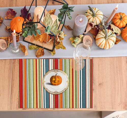 Cotton Placemats Set of 6 - 13x19 Inch Multi Stripe Reversible Table Mats