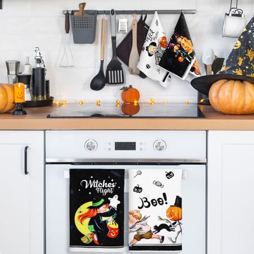 Halloween Kitchen Towels Set - Funny Decor, 6 Pack, Black White