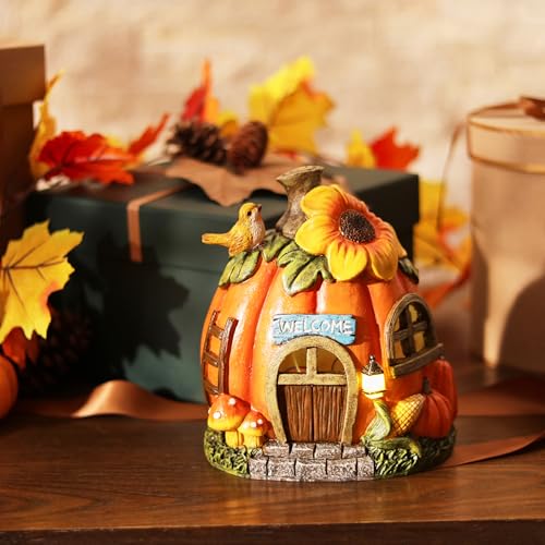 Fall Garden Fairy House with LED Lights - Harvest Autumn Figurine & Gift