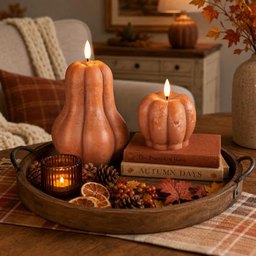 Flameless Pumpkin Candles Set of 2 - Orange Fall Decorations with Remote
