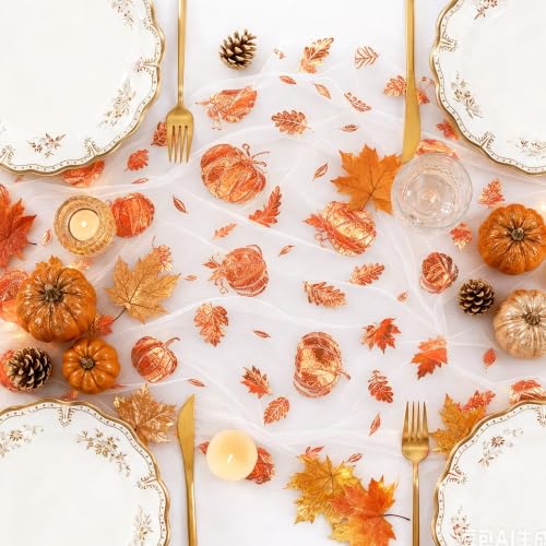 Fall Gauze Table Runner with Glitter Pumpkins & Maple Leaves - 120 Inch, Color 02