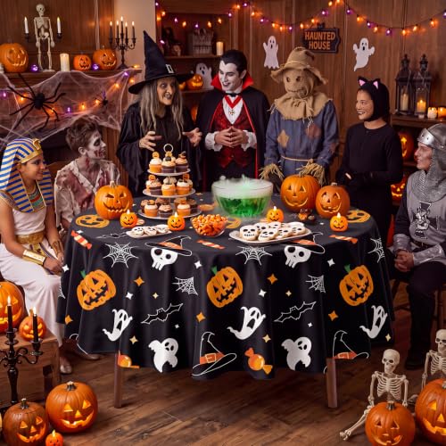 Halloween Tablecloth 4 Pack | Pumpkin Ghost Round Plastic Cover 84" - Home Decor & Party Supplies