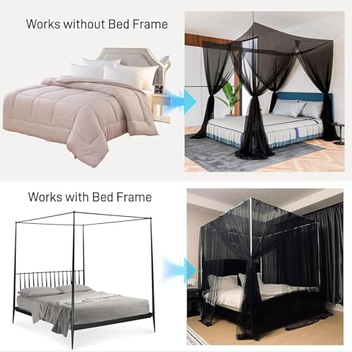 4-Corner Gothic Bed Canopy Mosquito Net for Full Queen King Size - Black, 78.7W x 98.4L