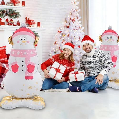 Pink Snowman Balloons Christmas Party Decorations - Self Standing Winter Balloon Set of 2