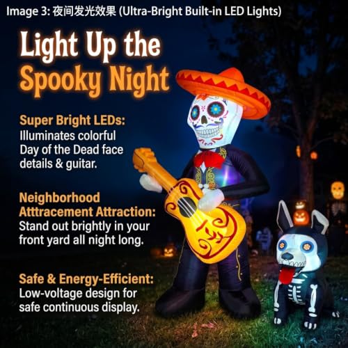 6 FT Halloween Inflatable Skeleton with Mariachi Guitar & Puppy - Outdoor Decor, Bright LEDs, Festive Yard Display (Skeleton)