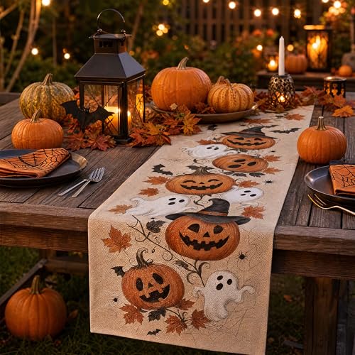 Halloween Pumpkin Ghost Fall Table Runner 13x72 Inch for Autumn Dining Decor - Variation of Pumpkin