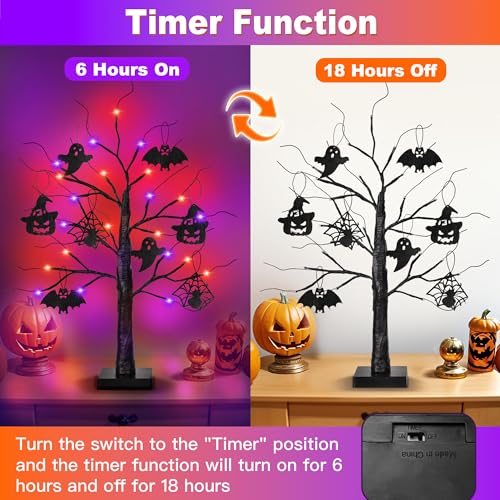 Indoor Halloween 2 Pack Black Tree with Orange & Purple LED Lights - Spooky Home Decor