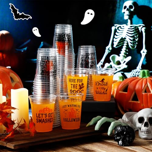 Halloween Clear Plastic Cups 12 oz - 100 Pcs Spooky Party Drinkware with Pumpkin Ghost Witch Hat Skull Pattern - Variation: Halloween