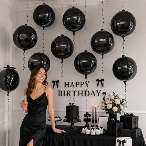 Black Round Foil Balloons - 22 Inch Metallic Latex Party Decor - Set of 9