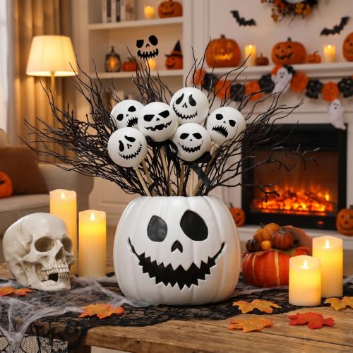 Halloween Resin Pumpkin Vase with Ghost Skull Face & Spooky Balls - Scary Face Variation