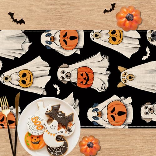 Halloween Ghost Dog Table Runner 13x120 Inches - Spooky Jack O Lantern Decor