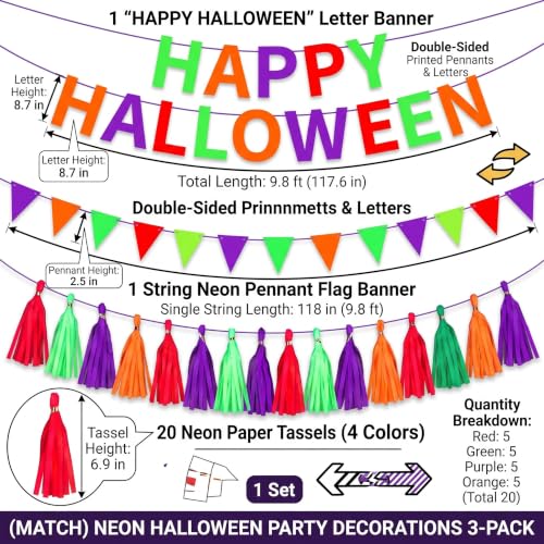 Glow in The Dark Halloween Banner Set - Neon Party Decorations for Walls & Tables