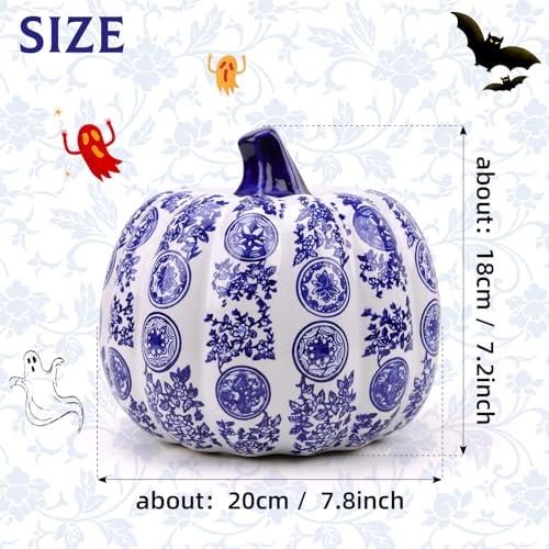 Blue and White Ceramic Pumpkin Decoration with Circular Pattern - 8 Inch