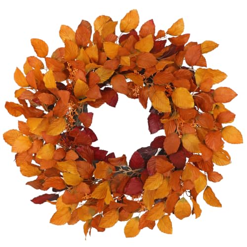 Artificial Fall Leaf Wreath - 24 Inch Autumn Decoration in Orange Yellow - Rustic Front Door Decor