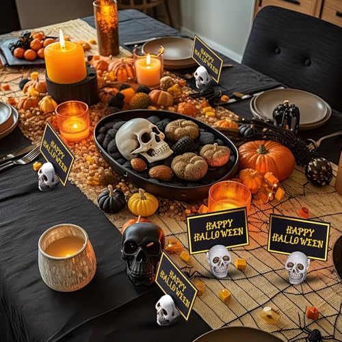12 Set Halloween Skull Place Card Holders with 24 Name Cards - Resin Party Table Decor