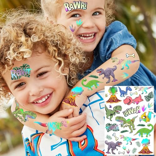 Dinosaur Temporary Tattoos Set - Iridescent Metallic 3D Dino Stickers for Kids & Teens - Variation: Dinosaur