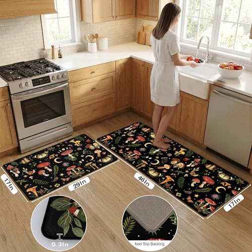 Anti-Fatigue Mushroom Kitchen Mats Set - Black 46x17 & 29x17 Inches with Non-Slip Waterproof Backing