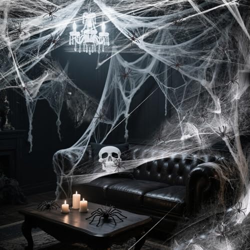 Halloween Spider Web Decorations with Fake Spiders - Stretchy Cobwebs for Indoor Outdoor Party