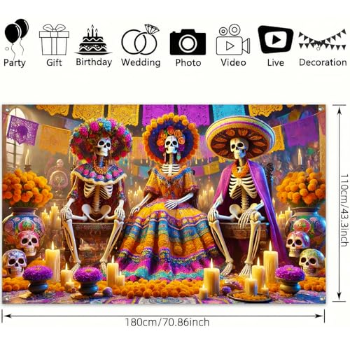 Dia de Los Muertos Skeleton Banner - Day of the Dead Celebration Decor - 71x43 in - Variation of THIS listing: Day of the Dead Decor#08