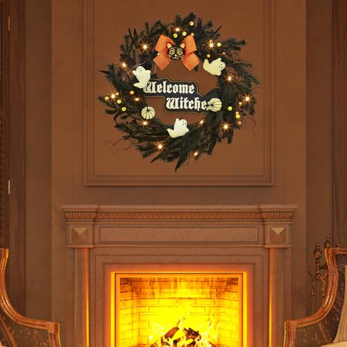 22-Inch Halloween Wreath with 20 LED Lights for Front Door Indoor Outdoor Decor
