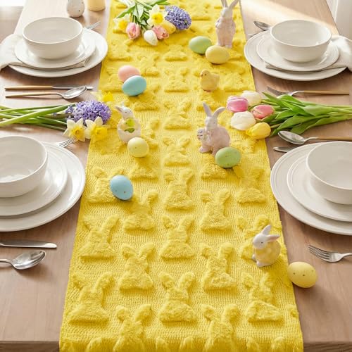 Yellow Plush Faux Fur Bunny Rabbit Easter Table Runner 13x72 Inch - Seasonal Kitchen Decor