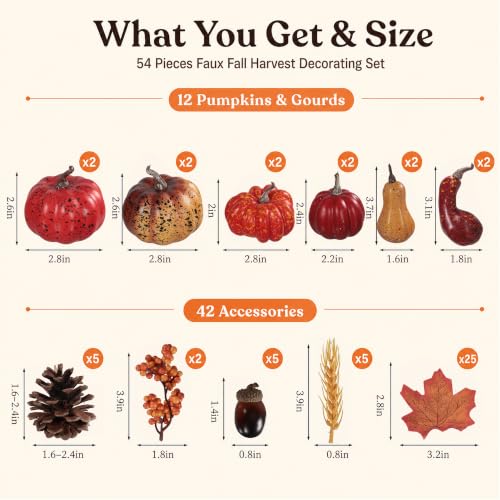 54-Piece Fall Home Decor Set with Mini Pumpkins, Leaves, Pinecones & Accents