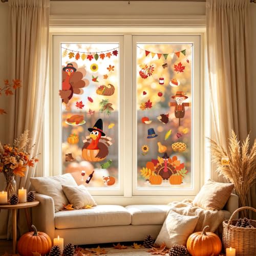 Thanksgiving Fall Window Clings Set - 9 Sheets for Glass Decor - Thanksgiving