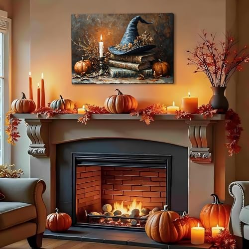 Halloween Canvas Wall Art for Living Room 8x12 - Witch Hat Pumpkin Decor - Variation of Picture 1