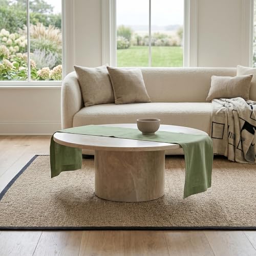 Pure Linen Table Runner - 14x48 Inch Oil Green Woven Fete, Handcrafted, EcoCertified