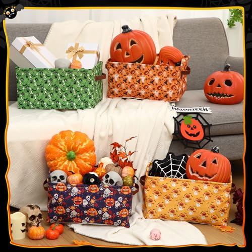 Halloween Storage Baskets - Foldable Canvas Organizer Bins with Handles - 4 Pack