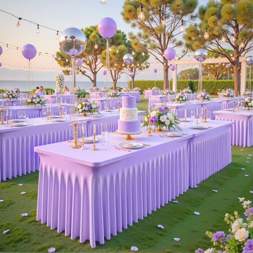 Lavender Spandex Tablecloths for 6ft Rectangle Tables - 4 Pack Light Purple Stretch Fitted Cover with Skirt