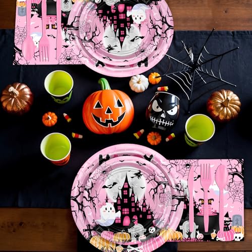 Pink Halloween Birthday Party Plates Napkins Cutlery Set for Kids - 192 Pcs