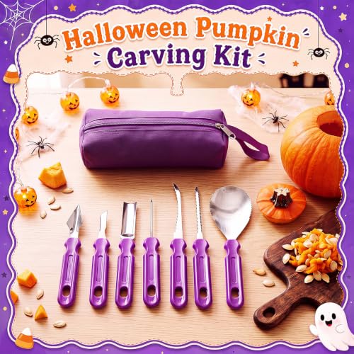 Halloween Pumpkin Carving Kit with 7 Tools & Purple Storage Bag - DIY Jack O Lantern