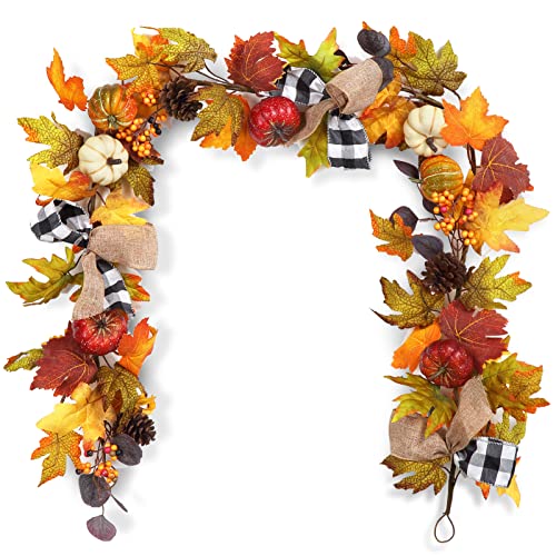 6 Ft Fall Garland Decor with Pumpkins Maple Leaves & Pine Cones for Indoor Outdoor Home Decoration