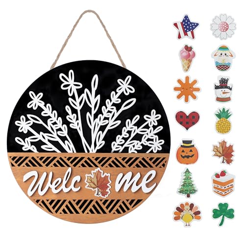 12-Inch All-Season Welcome Sign Wreath with Replaceable Plaques for Front Door Decor