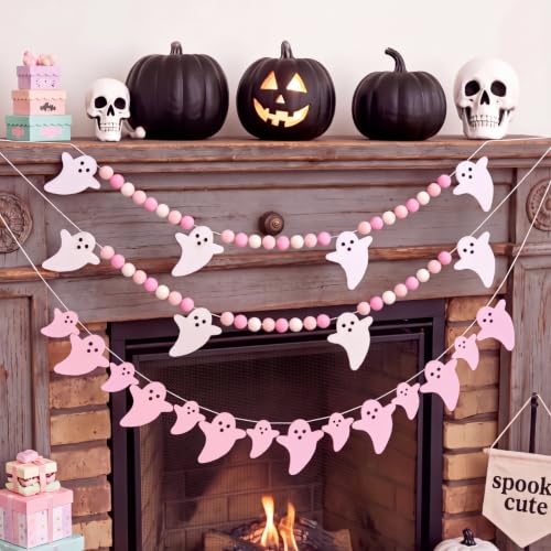 Pink Ghost Felt Garland - 3 Pack 6ft Halloween Decor with Adjustable Spacing