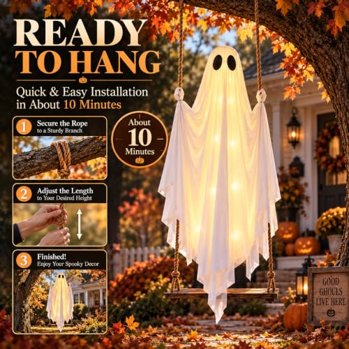 Large 4.5FT Hanging Ghost Swing Halloween Decor with Remote & Adjustable Ropes