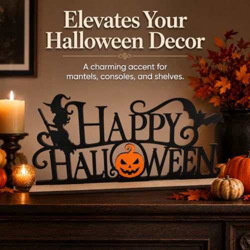 Halloween Wooden Sign Decor - Spooky Jack-o-Lantern Witch Bat Indoor Ornament