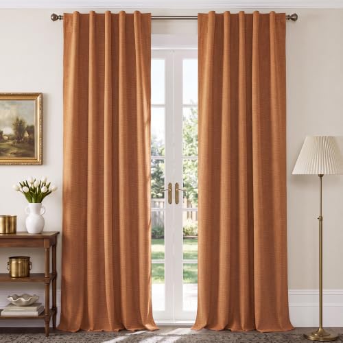 Blackout Linen Curtains - Burnt Orange, 2 Panels, 90 Inch Long, Versatile Window Treatment with 3 Hanging Styles
