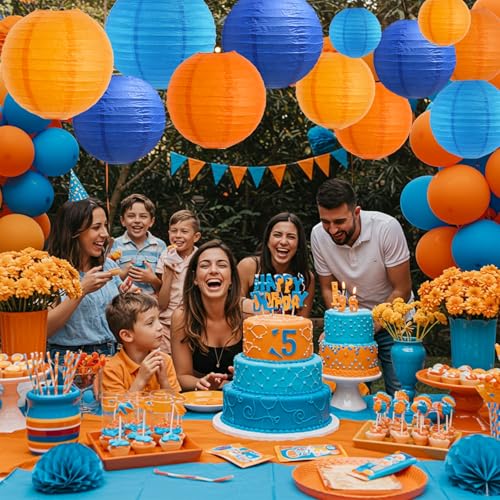 Blue Orange Paper Lanterns Set - 12 pcs Round Chinese Lanterns 4-12 Inch Variation