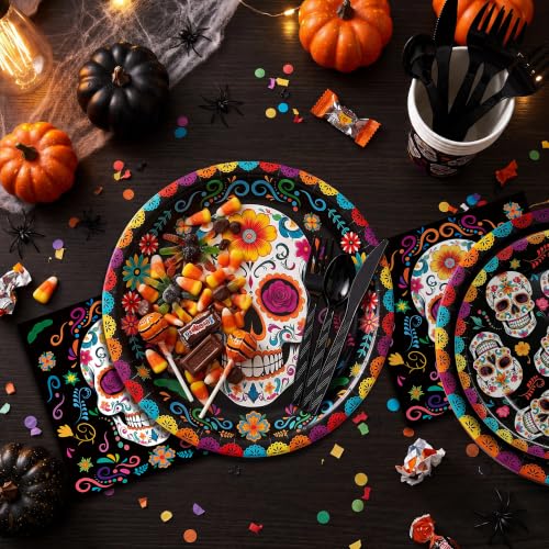 Day of the Dead Party Supplies Set - Sugar Skull Plates Napkins Cups Silverware - Black & Colorful Design