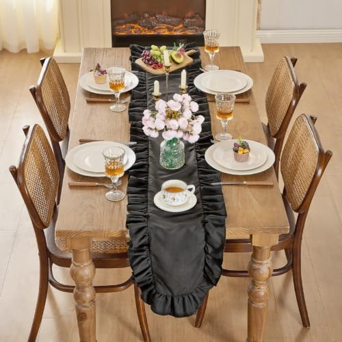 Black Satin Ruffle Table Runner 14x118 Inches - Formal Home Decor