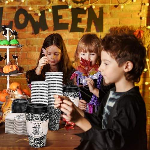 Halloween Spider Web Disposable Coffee Cups 16oz with Lids & Sleeves - Trick or Treat Party Supplies