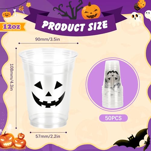 50 Pack Halloween Pumpkin Face Plastic Cups 12oz - Disposable Party Drinkware