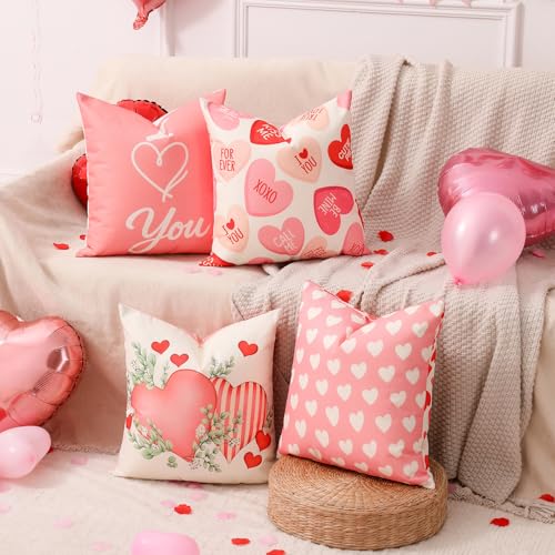 Pink Valentine Pillow Covers Set of 4 16x16 Reversible Double-Sided Decor Kit