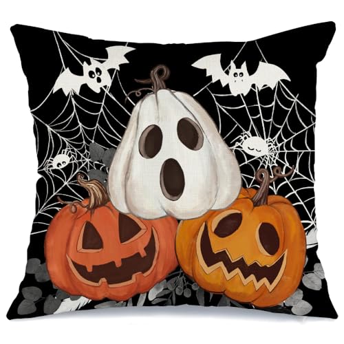 Halloween Pillow Cover 20x20 inch Jack-o'-Lantern Bat Web Farmhouse Decor - Black
